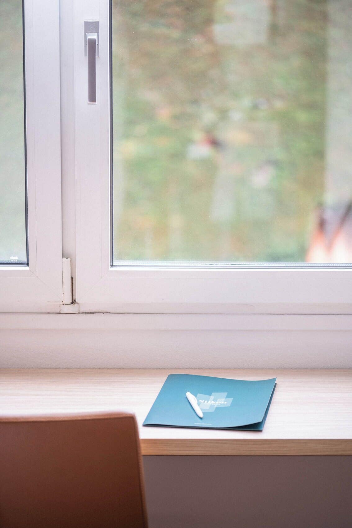 Una ventana con vista a la vegetación, un escritorio de madera y una carpeta azul con un bolígrafo encima.