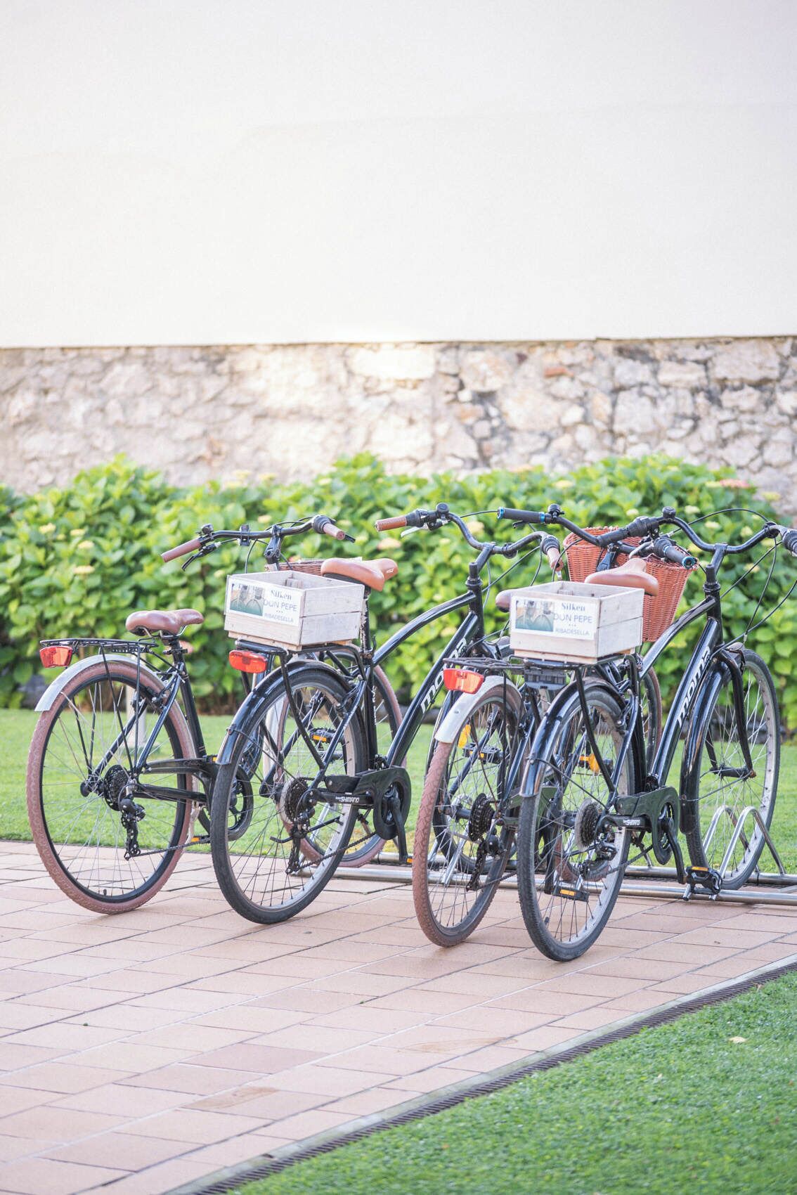 Trois vélos sont garés côte à côte, avec des paniers et des boîtes fixés à l’arrière, adossés à un mur de pierre et devant un décor de verdure.