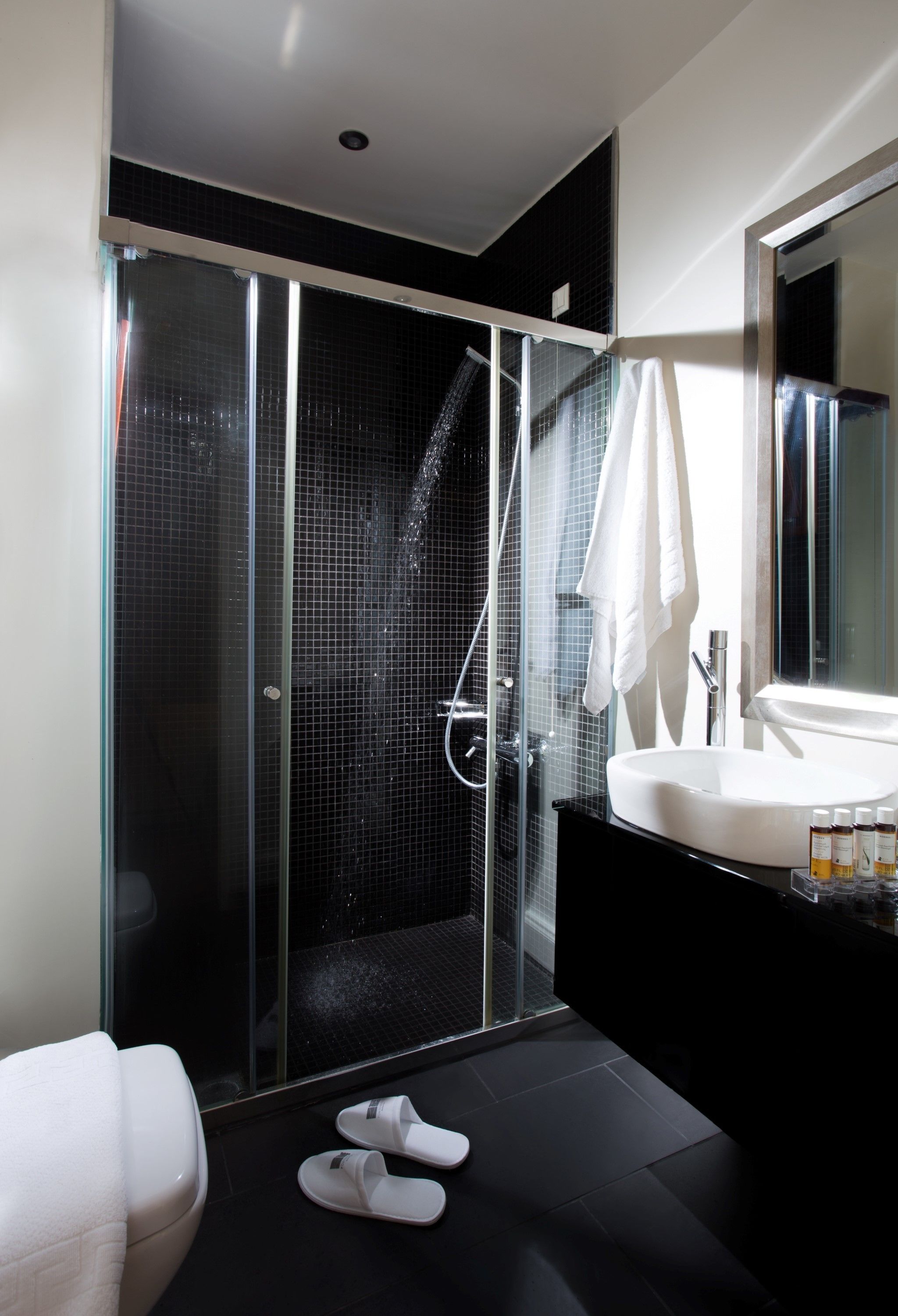 comfort loft | bathroom | designer toiletries, hair dryer, towels