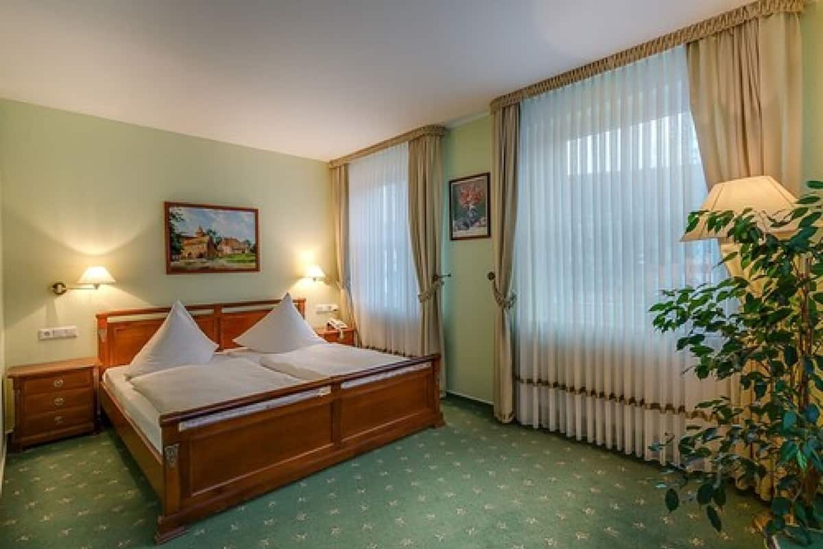 A hotel room with a wooden bed, two bedside tables, a lamp, a plant, and a large window with curtains.
