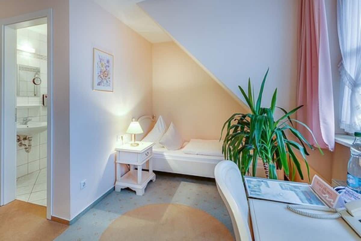 A bedroom with a bed, bedside table, lamp, potted plant, and a window with curtains.