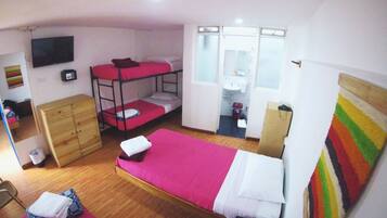 A dormitory room with bunk beds, a wooden dresser, a desk, a chair, a television, and a bathroom visible through an open door.