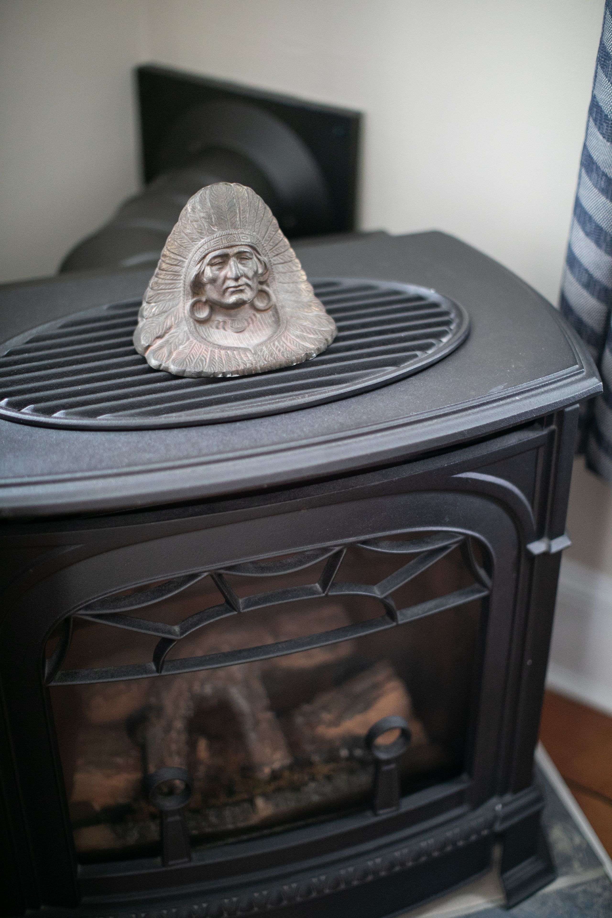 A black wood-burning stove with a decorative metal hood and a glass door.