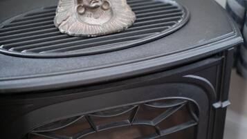 A black wood-burning stove with a decorative metal hood and a glass door.