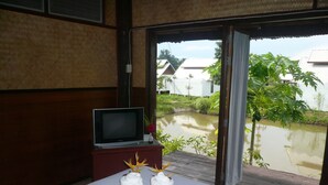 Ein Hotelzimmer mit Bett, Fernseher auf einem Holzgestell und Blick auf ein Gewässer und Grünfläche.