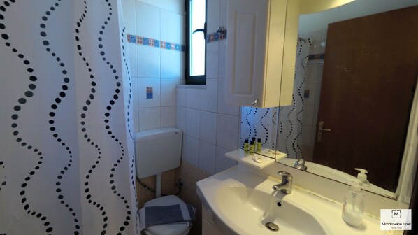 Un baño con inodoro, lavamanos y espejo.