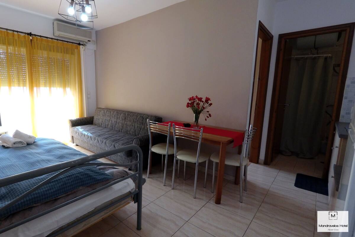Habitación de hotel con cama, televisor, sofá, mesa de comedor con sillas y una mesita con flores.