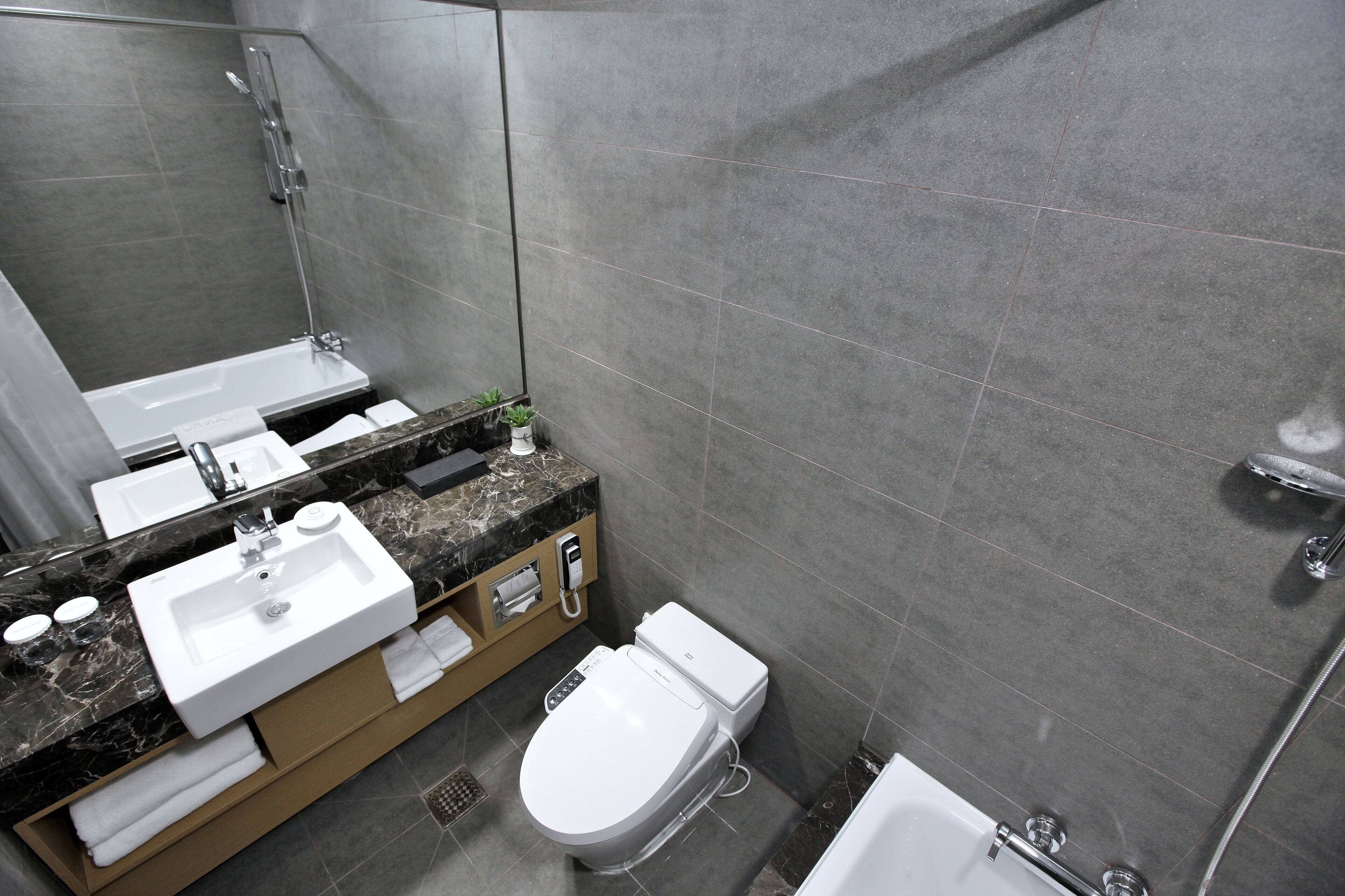 A modern bathroom with a white sink, a toilet, and a shower area.