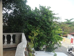 Un balcon doté d’une balustrade en pierre, de plantes en pot et offrant une vue sur une rue où circule un véhicule.
