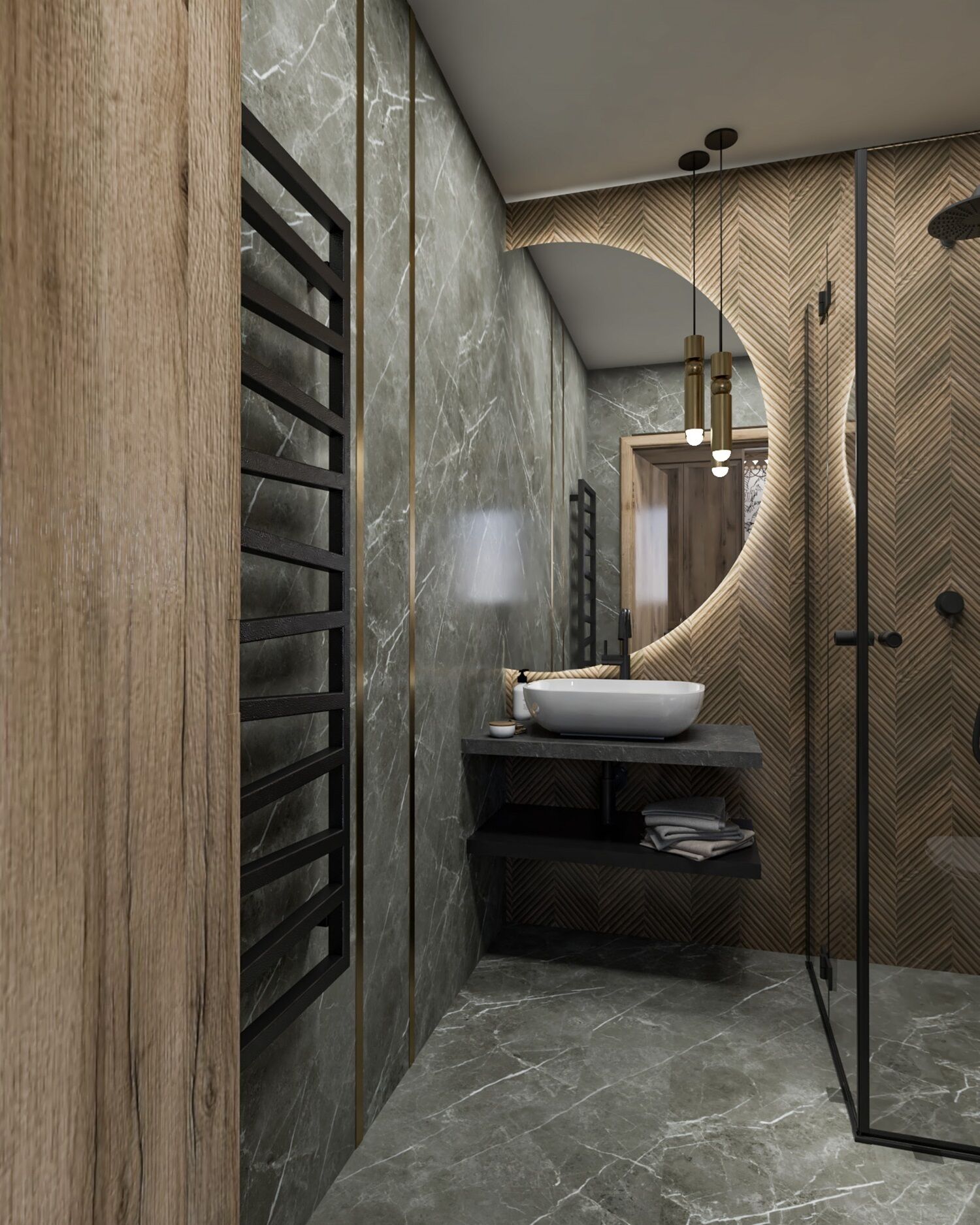 A modern bathroom with a wooden slatted wall, a marble sink, and a herringbone-patterned wall.