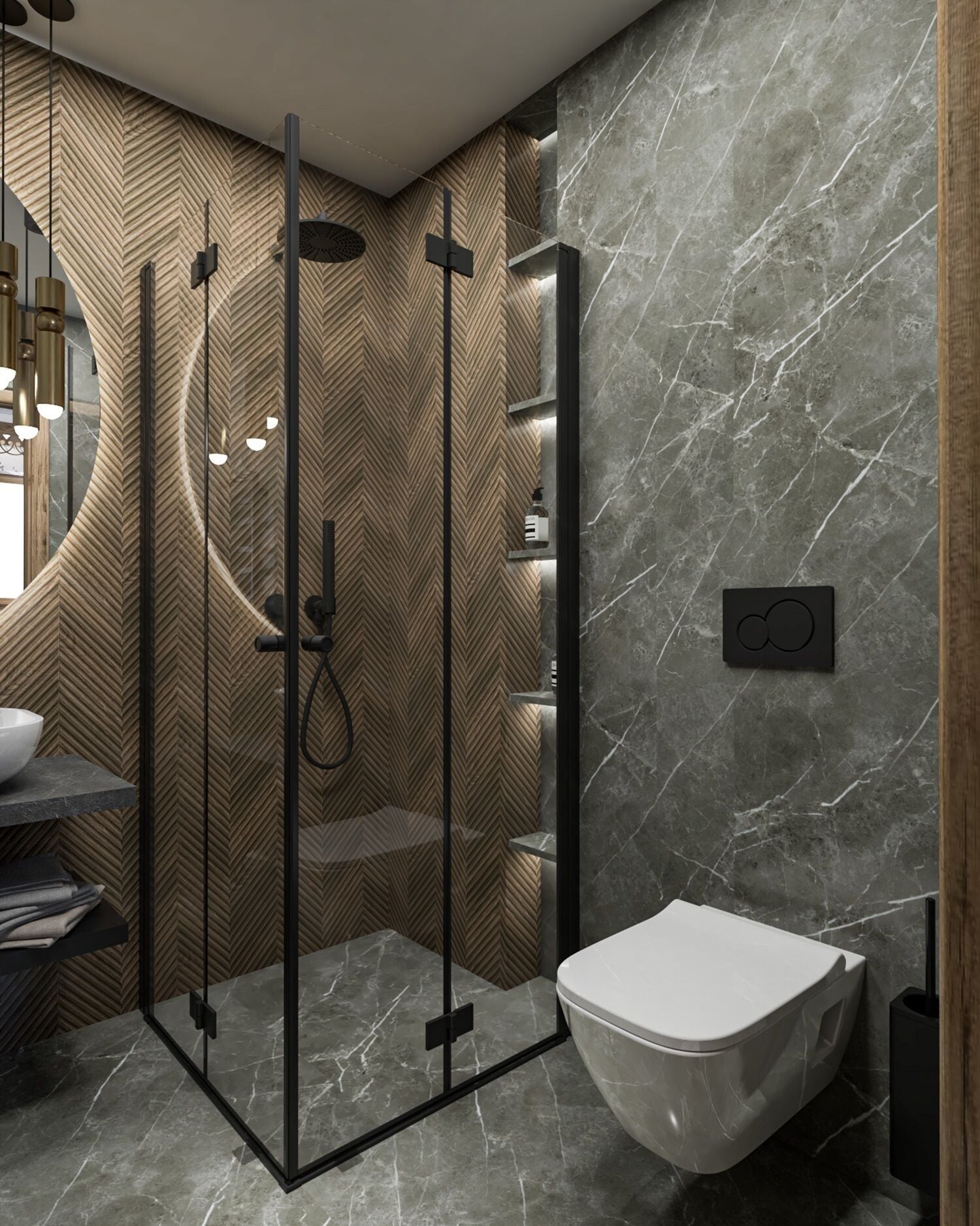 Un bagno moderno con cabina doccia, servizi igienici e parete in marmo.