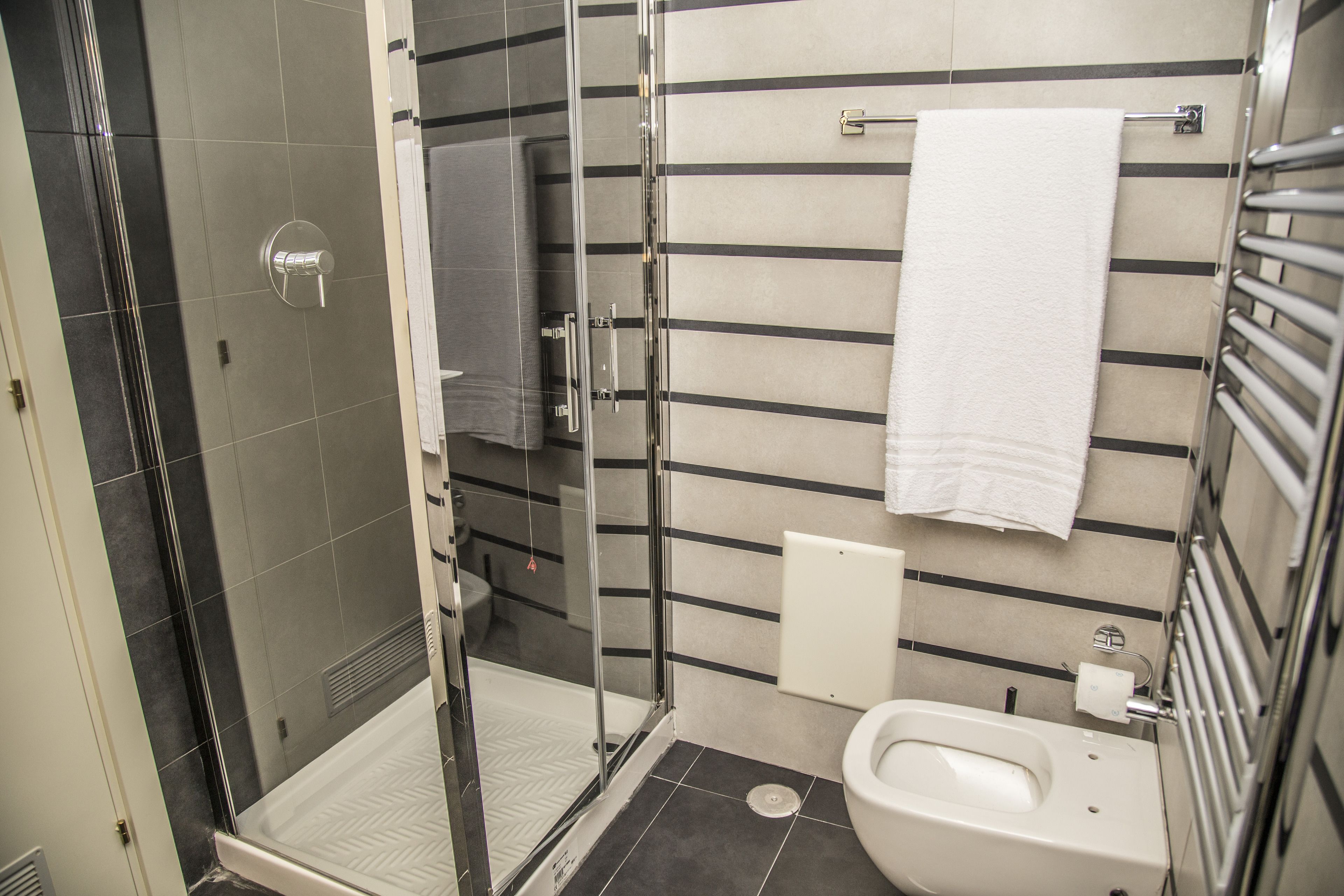 A modern bathroom with a glass-enclosed shower, a toilet, and a towel rack.
