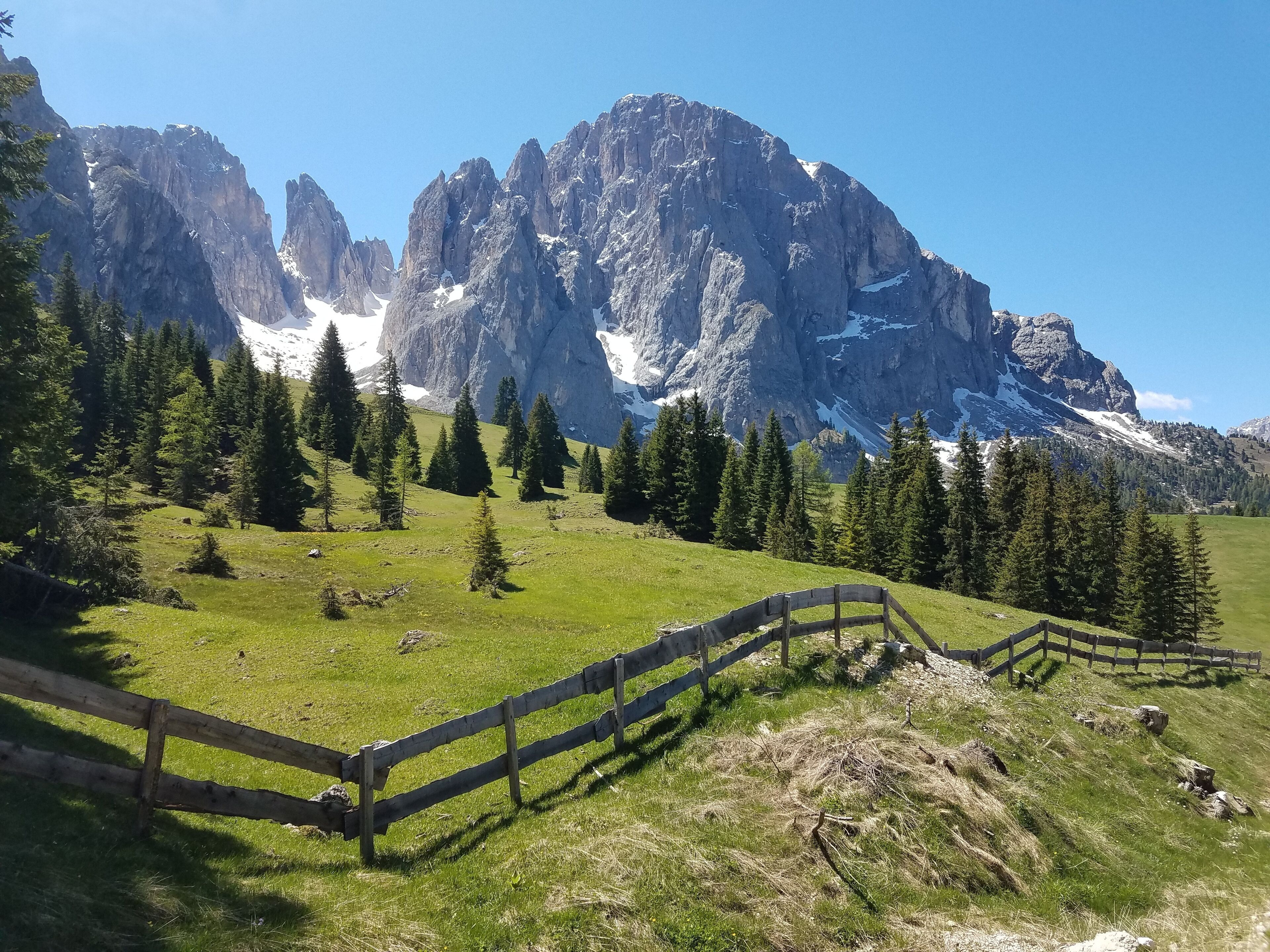 A mountainous landscape with a wooden fence, green grass, and snow-capped peaks.