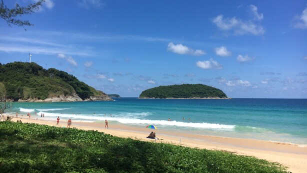 Una playa con agua turquesa cristalina, una orilla arenosa y abundante vegetación.