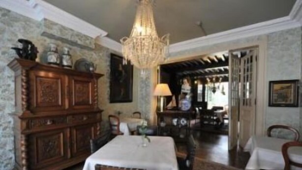 A dining area with a chandelier, wooden furniture, and a patterned wall. - Hotel Manitoba (Blankenberge)