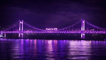 Un pont illuminé de lumière violette, de nuit.