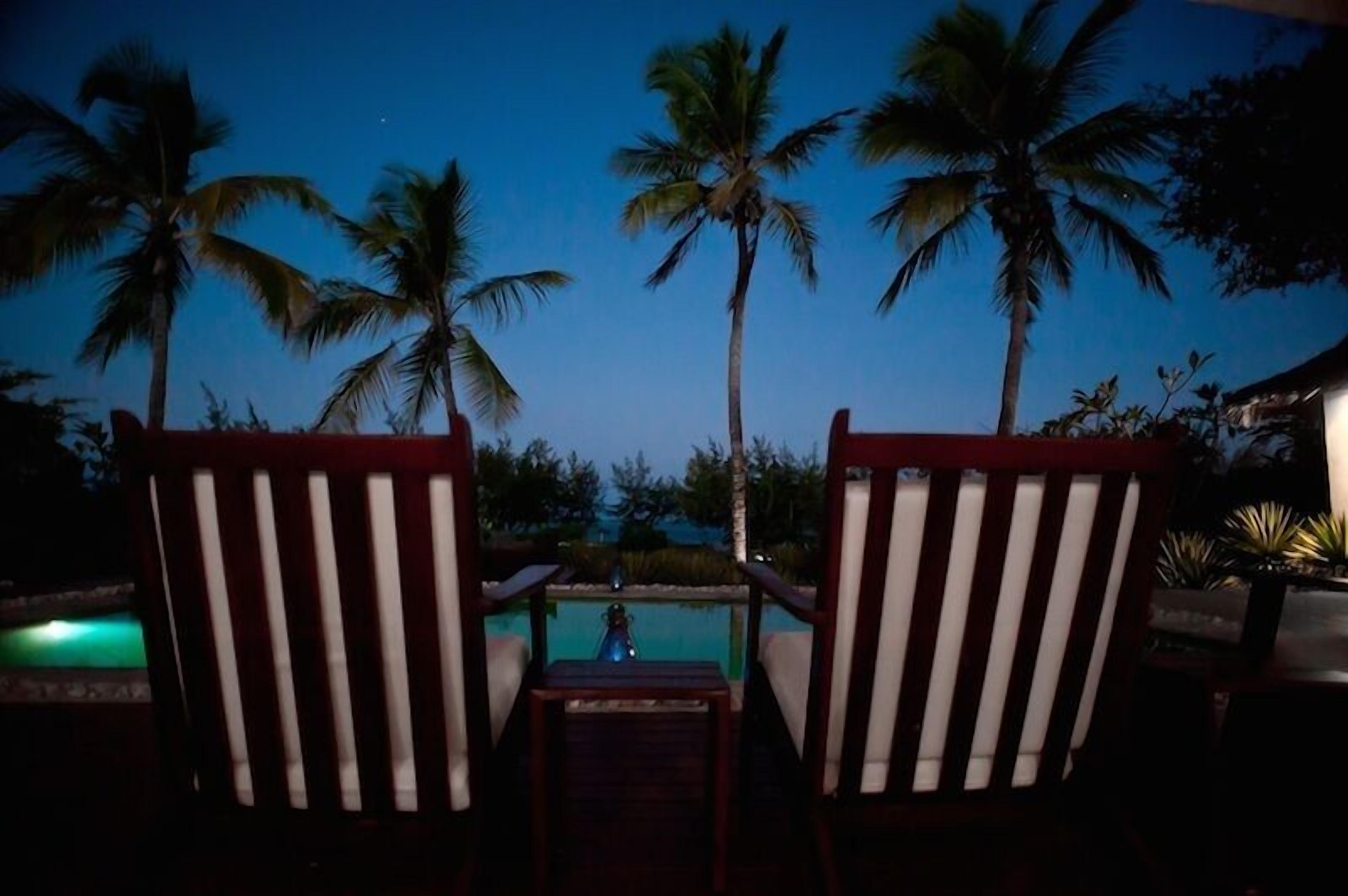 Two striped lounge chairs facing a pool with palm trees in the background.