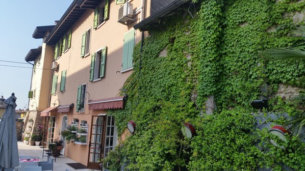 A building with green shutters, a red awning, and a wall covered in ivy.