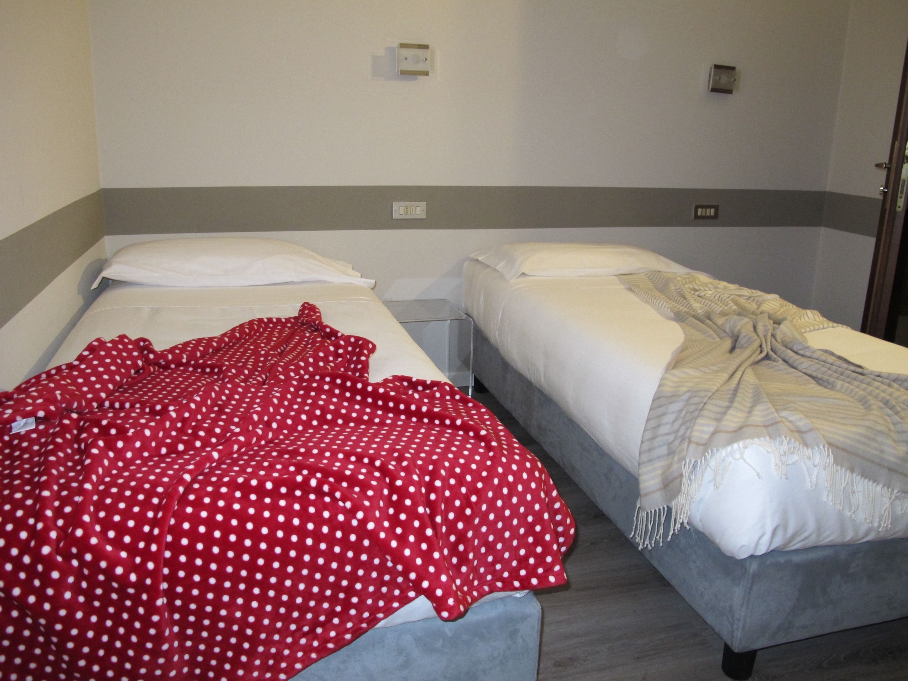 A room with two beds, each with a different style of bedding.