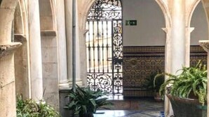 Un corredor arqueado con suelo de baldosas, plantas en macetas y una reja de hierro forjado.