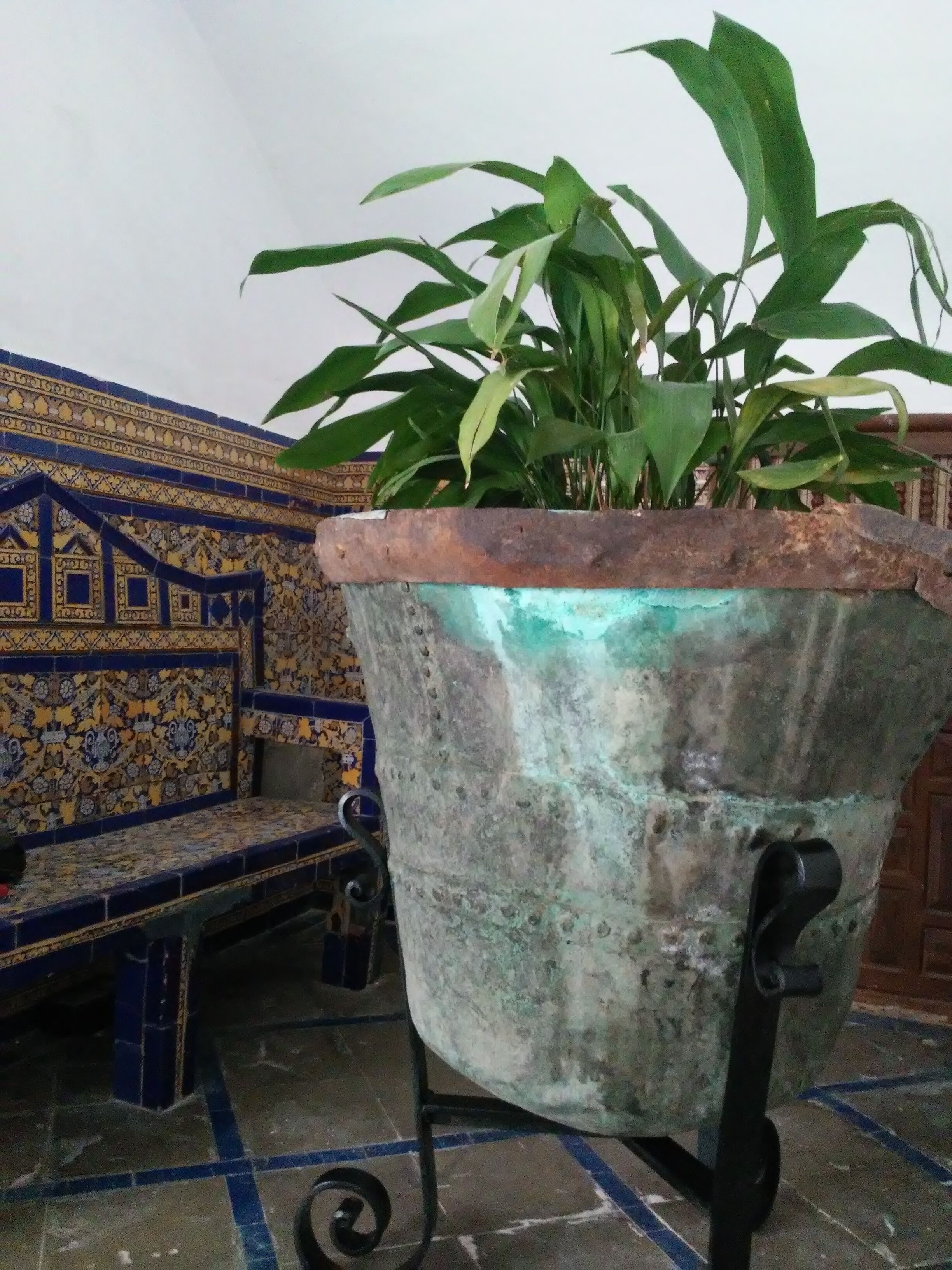 Un banco de baldosas con una planta en maceta.