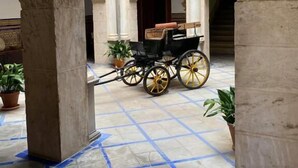 Un patio con un carruaje, columnas de piedra y plantas en macetas.