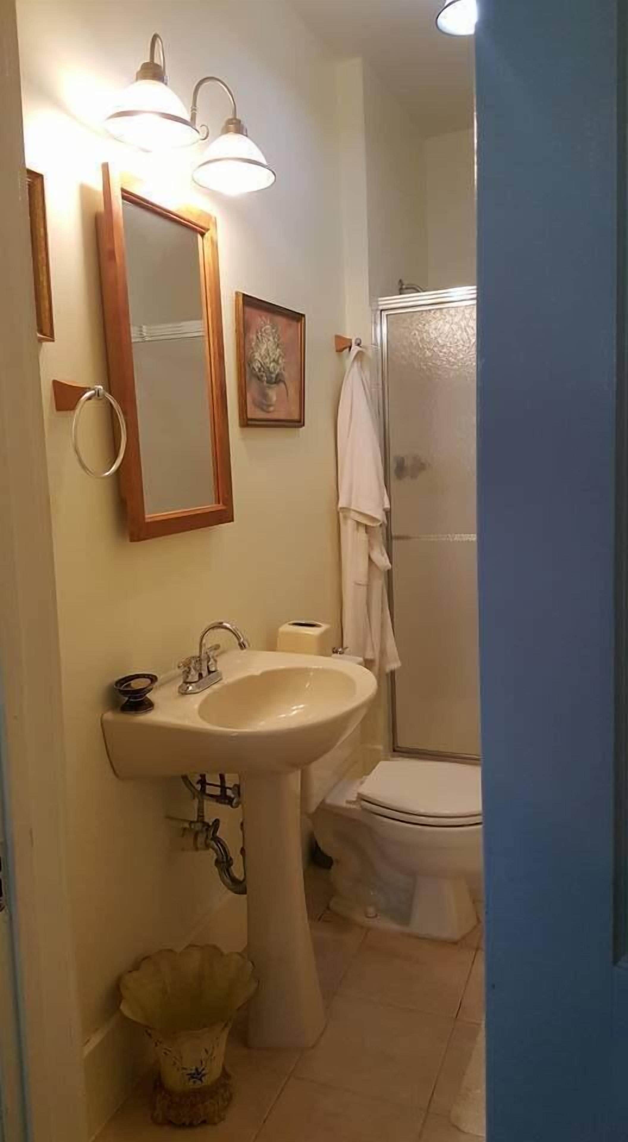 A bathroom with a sink, mirror, and shower.
