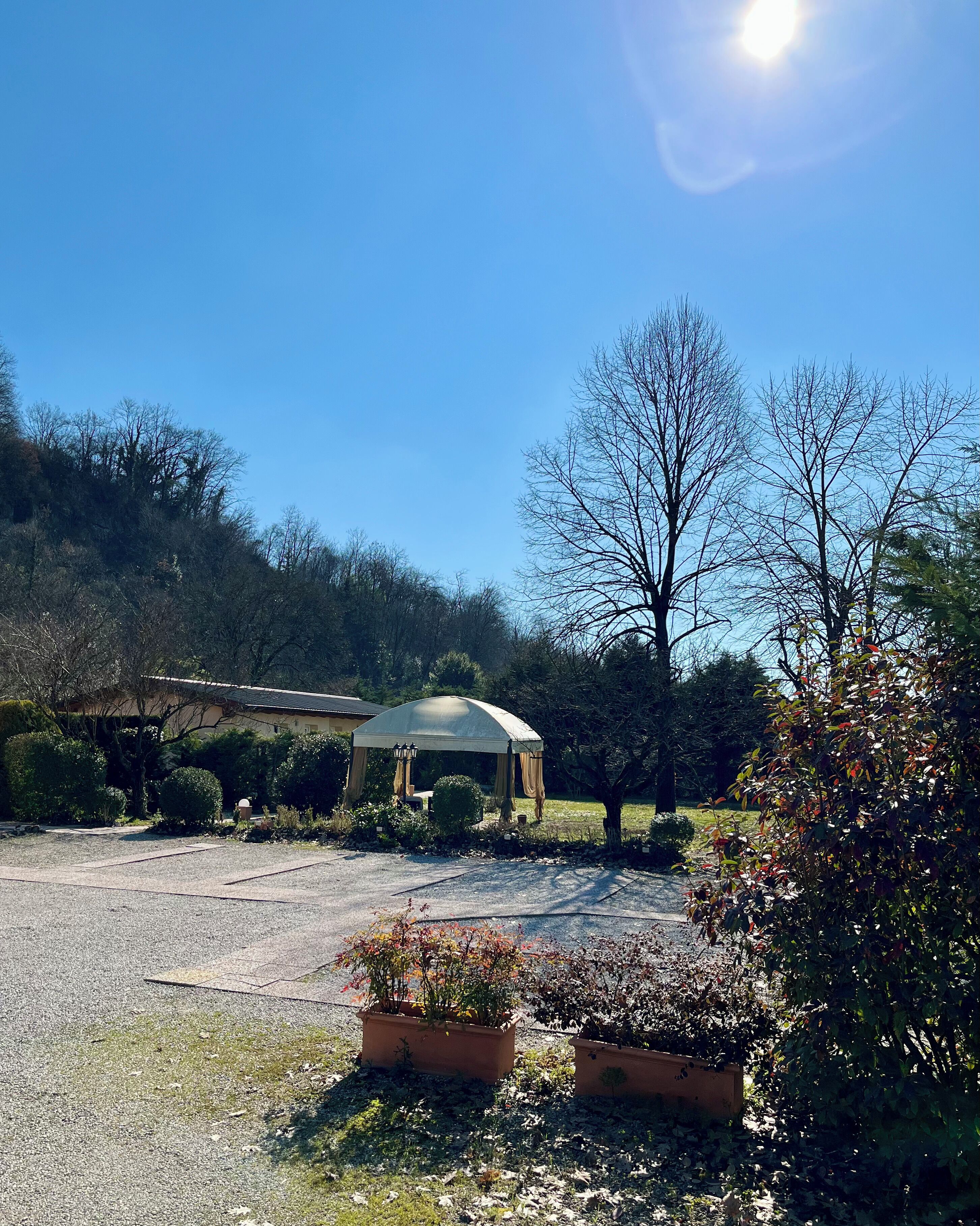 A gazebo in a garden with a clear sky and trees in the background.
