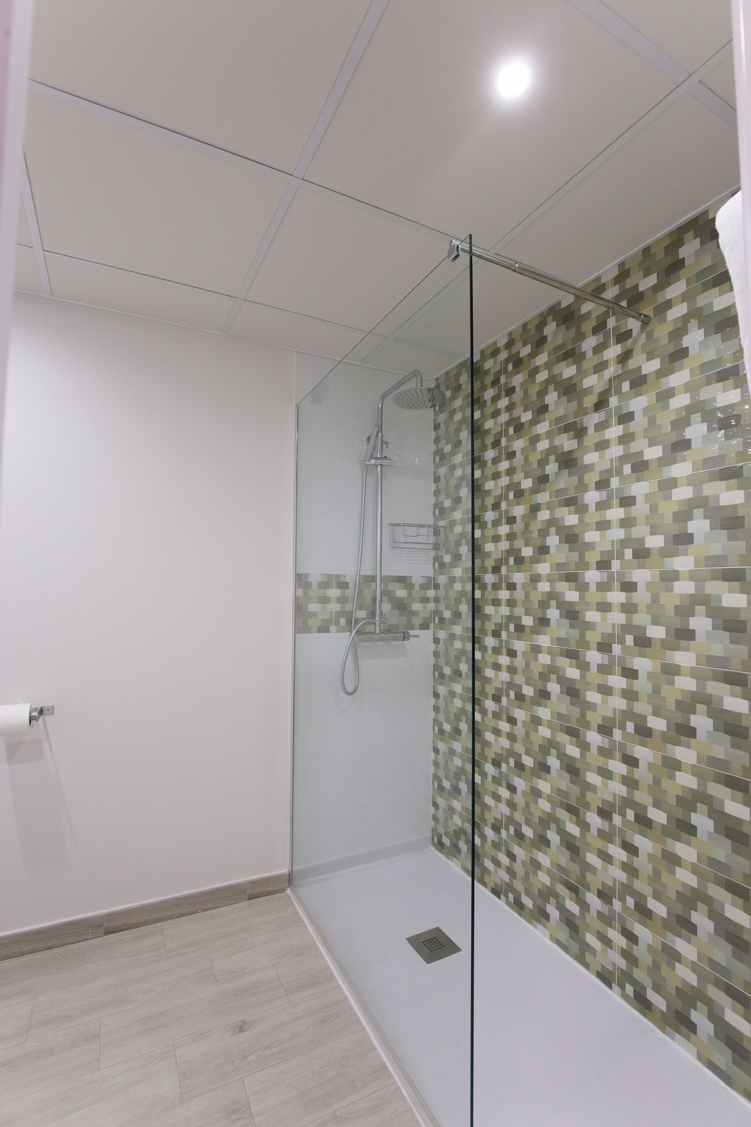 A modern bathroom with a glass shower enclosure, a tiled mosaic wall, and a light-colored floor.