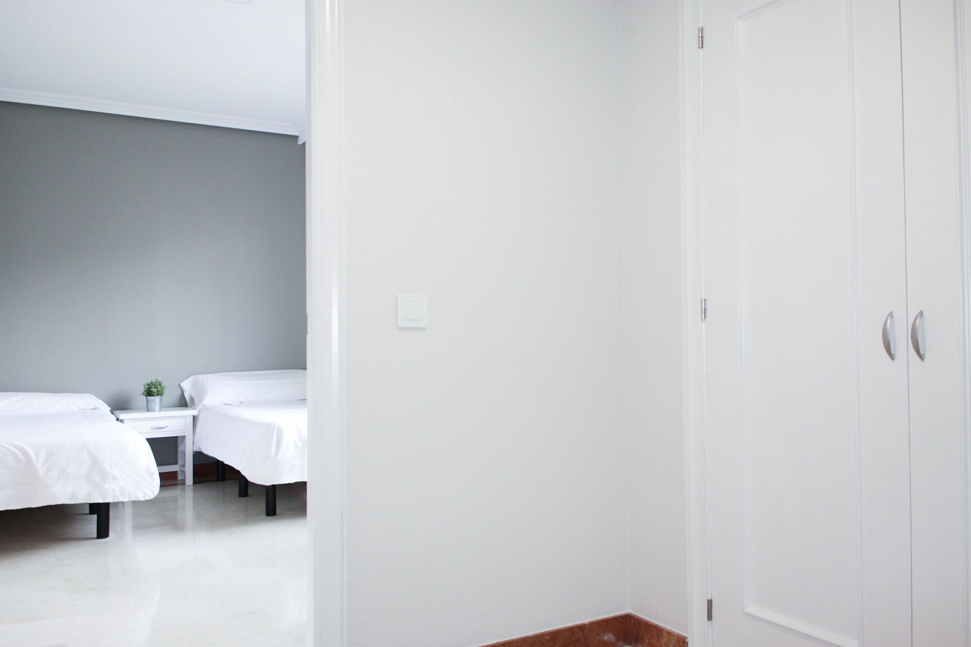 A hotel room with two beds, a small table with a plant, and a white wardrobe.