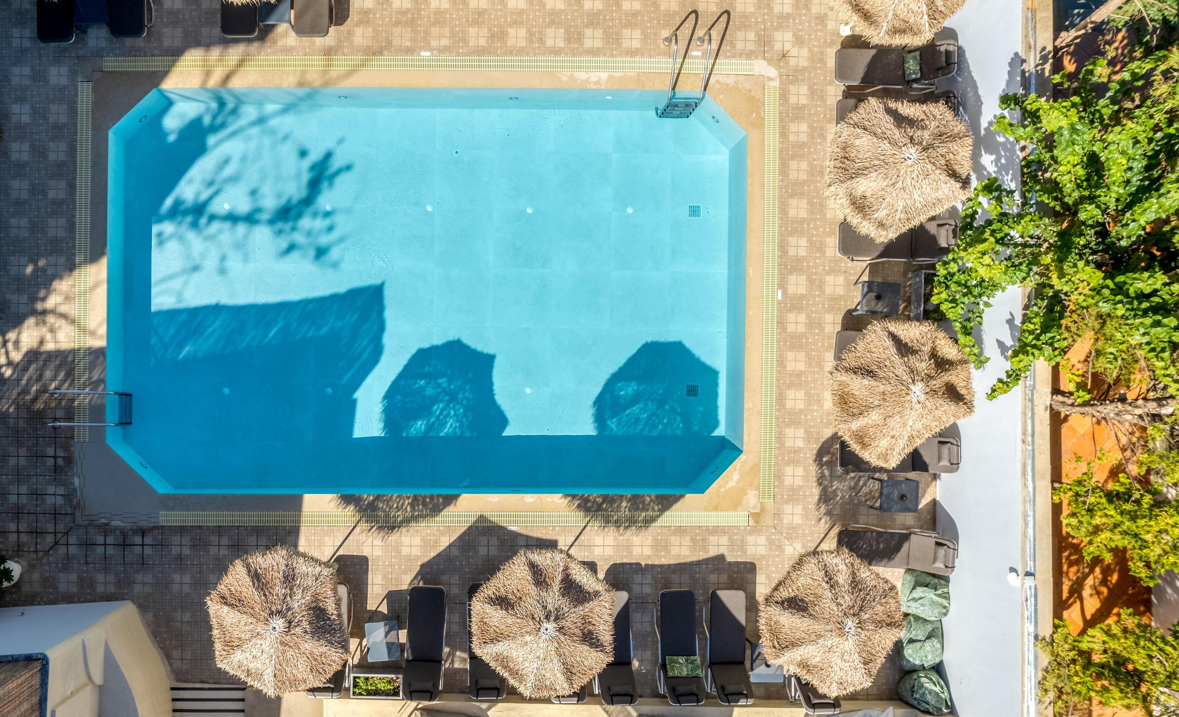 An aerial view of a swimming pool with lounge chairs and umbrellas, surrounded by a tiled deck and greenery.