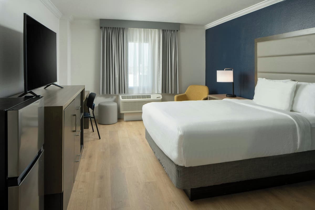 Habitación de hotel con una cama grande, un escritorio, un televisor de pantalla plana, una silla, una lámpara y un equipo de aire acondicionado.