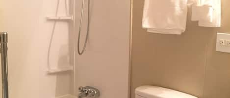 Habitación económica, 1 cama Queen size, cocineta | Baño | Regadera, amenidades de baño gratuitas, toallas