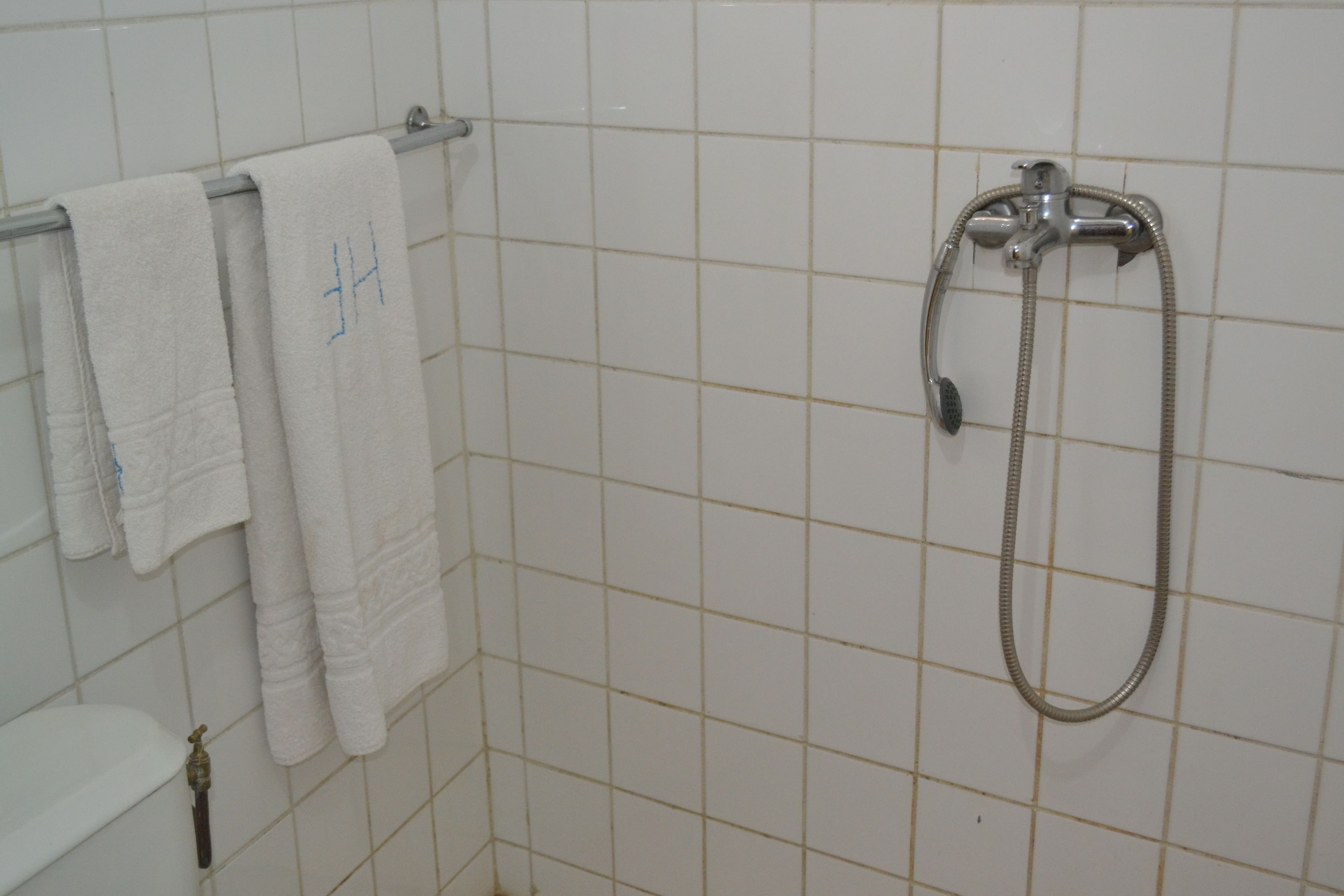 Ein Badezimmer mit weiß gefliesten Wänden, einer Dusche inklusive Handbrause und zwei weißen Handtüchern an einem Handtuchhalter.
