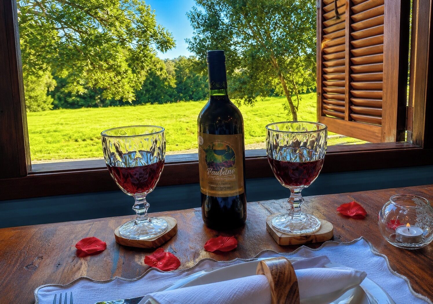 A bottle of wine on a table with two glasses, a candle, and rose petals.