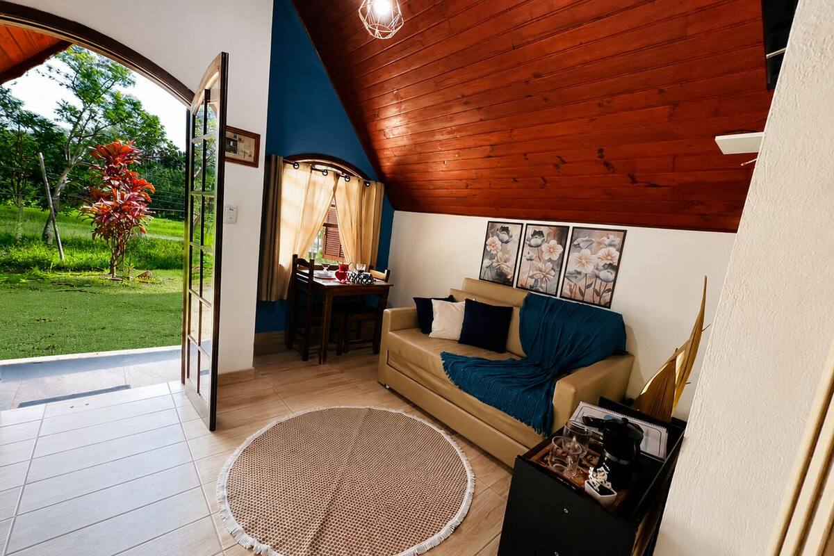 A cozy living area with a wooden ceiling, a round woven rug, a sofa with cushions, and a dining table with chairs.