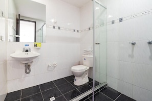 A modern bathroom with a white sink, toilet, and glass shower enclosure.