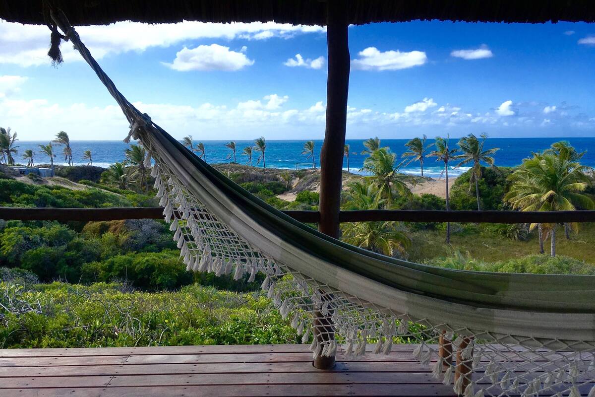 A hammock on a wooden deck with a view of the ocean and palm trees.