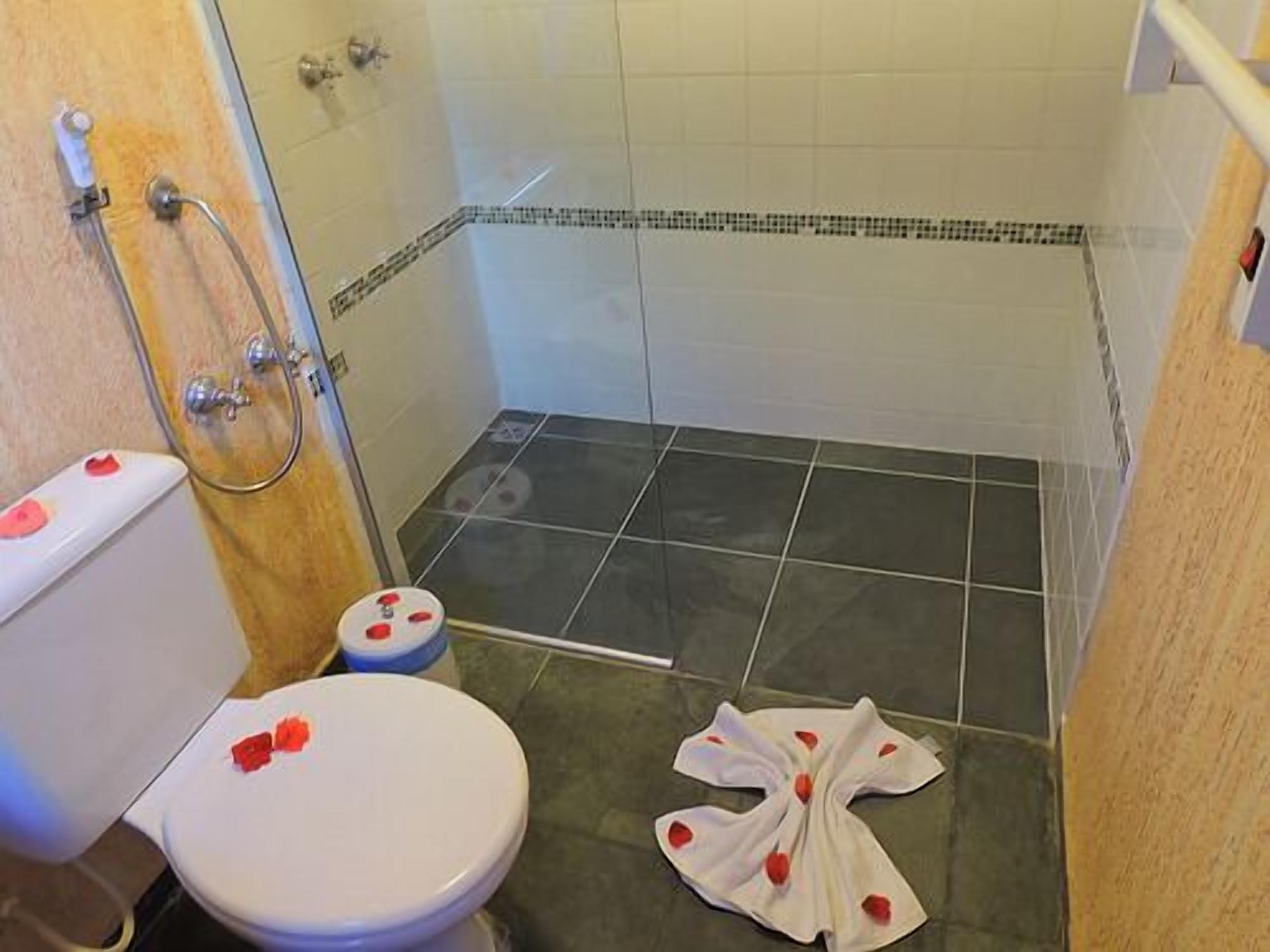 A bathroom with a shower, toilet, and a towel with rose petals on the floor.