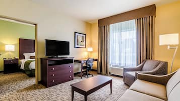 Premium bedding, pillowtop beds, desk, laptop workspace