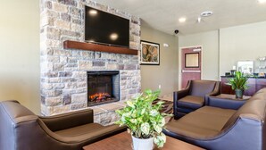 A stone fireplace with a flat-screen TV above it, leather sofas, and a potted plant on a wooden table.