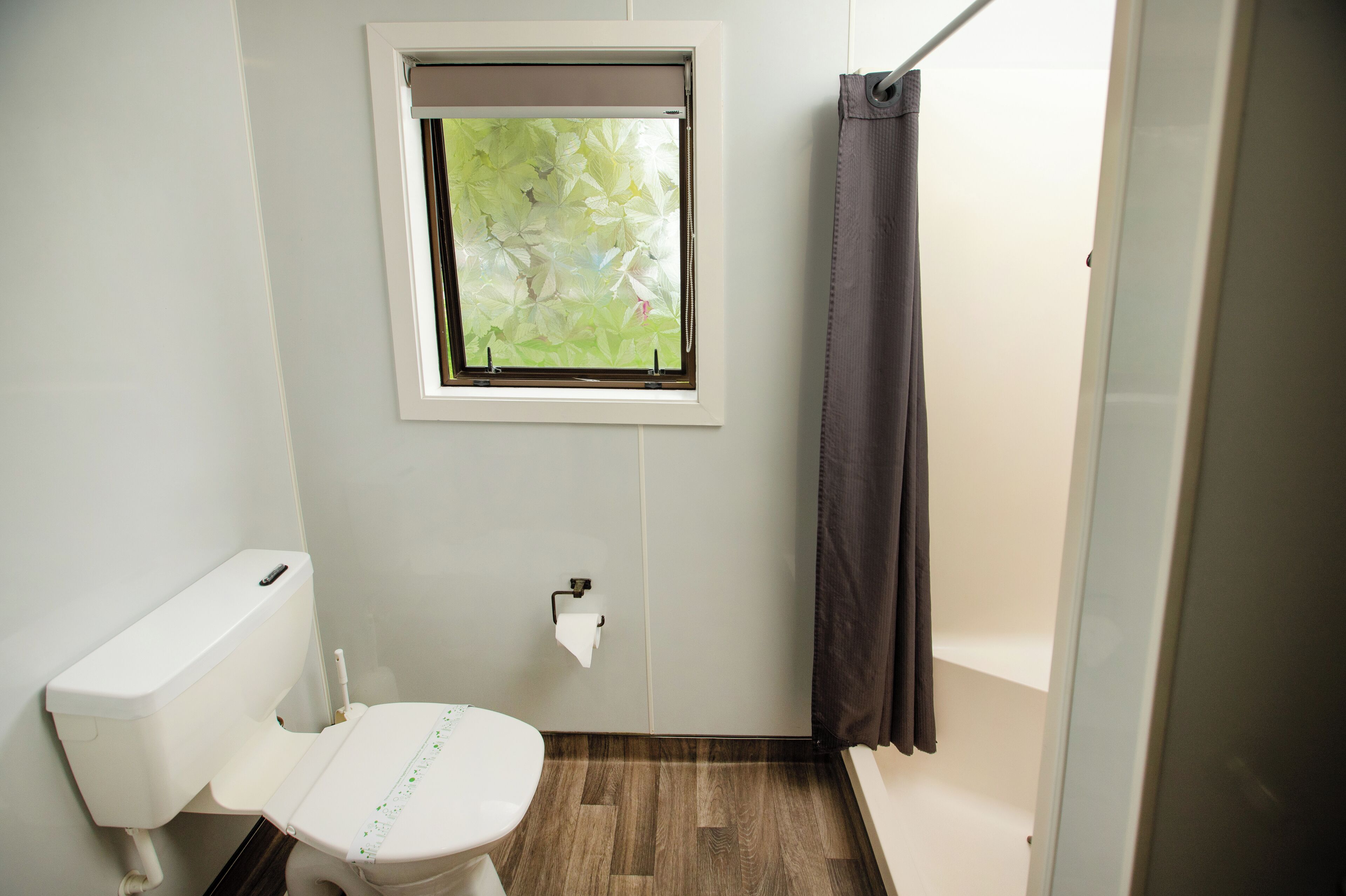 A small bathroom with a toilet, a window, and a shower curtain.