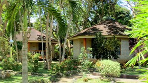 Ein Bungalow mit einem Strohdach, umgeben von üppiger Vegetation und einem Garten mit verschiedenen Pflanzen und Blumen.