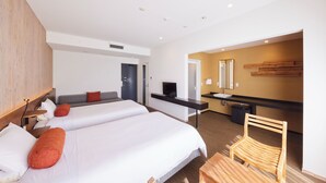 A hotel room with two beds, a desk, a chair, a TV, and a bathroom. - Hotel Rotterdam Huis Ten Bosch (Sasebo)