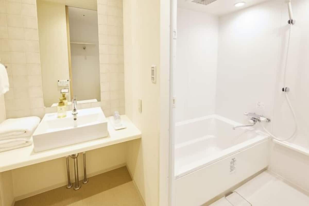 Combined shower/tub, deep soaking tub, hair dryer, slippers