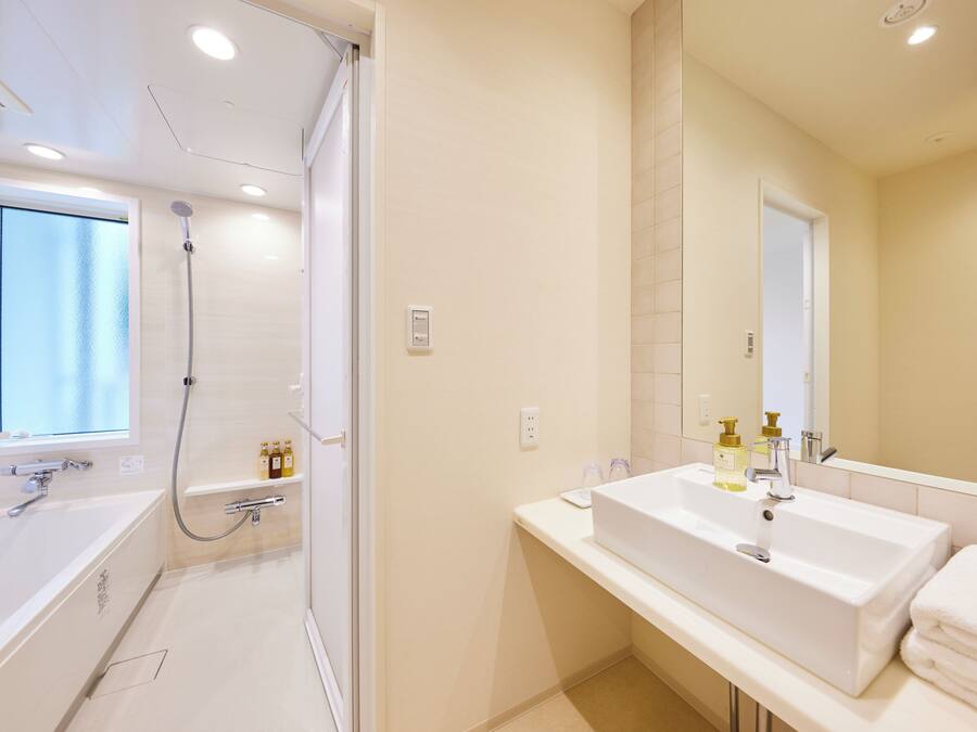 Une salle de bain moderne équipée d’une baignoire, d’une douche, d’un lavabo et d’un grand miroir.