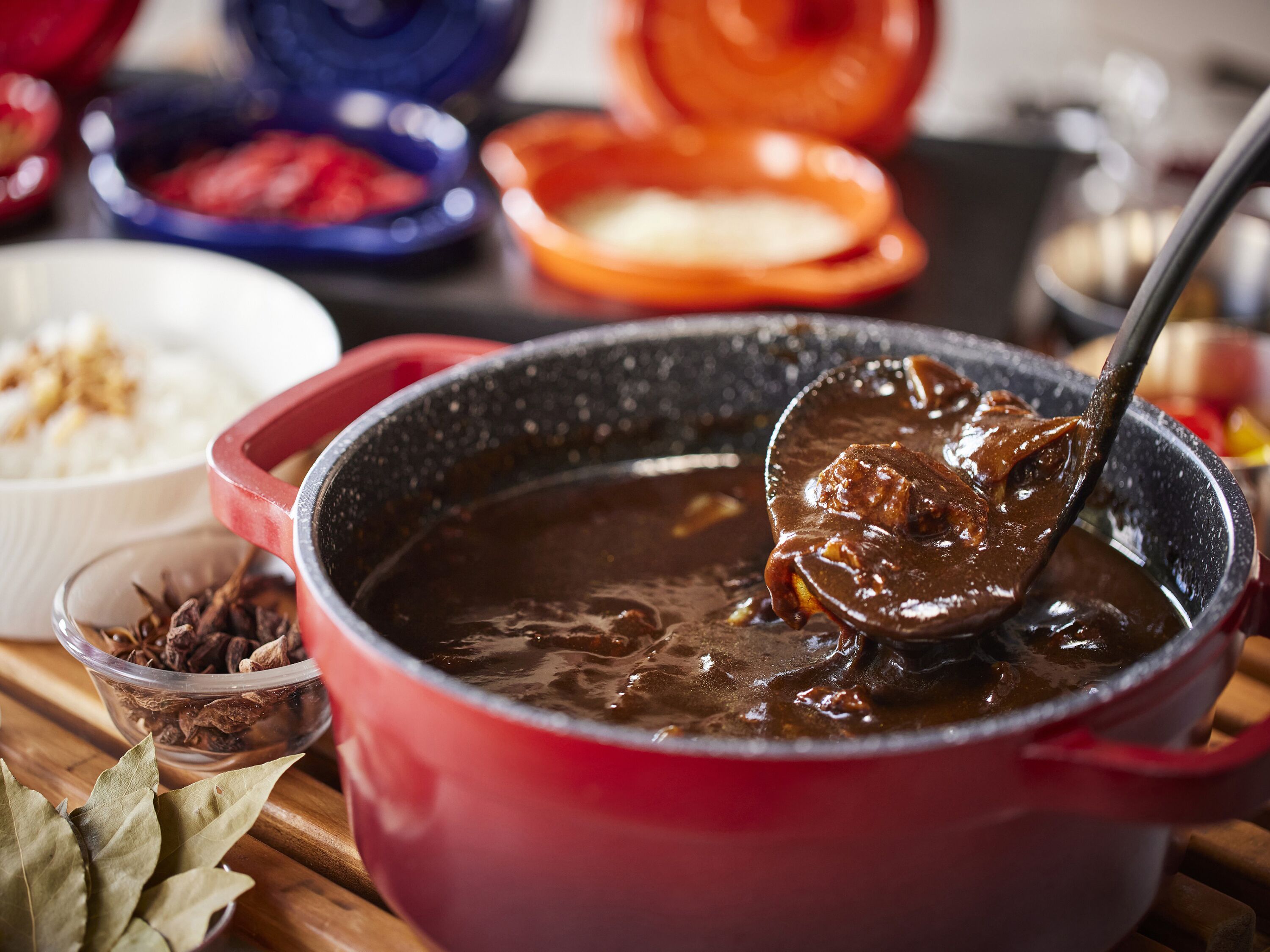 A red pot with a dark stew, a spoon lifting some stew, and a white bowl with rice in the background.