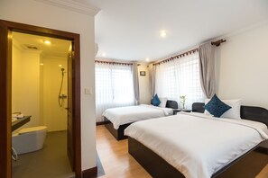 A hotel room with two beds, a bathroom, and a shower. - Angkor Ry Boutique (Siem Reap)