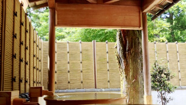 A traditional Japanese onsen with a wooden structure, a wooden fence, and a small garden area. - Kinokuniya Ryokan (Hakone)