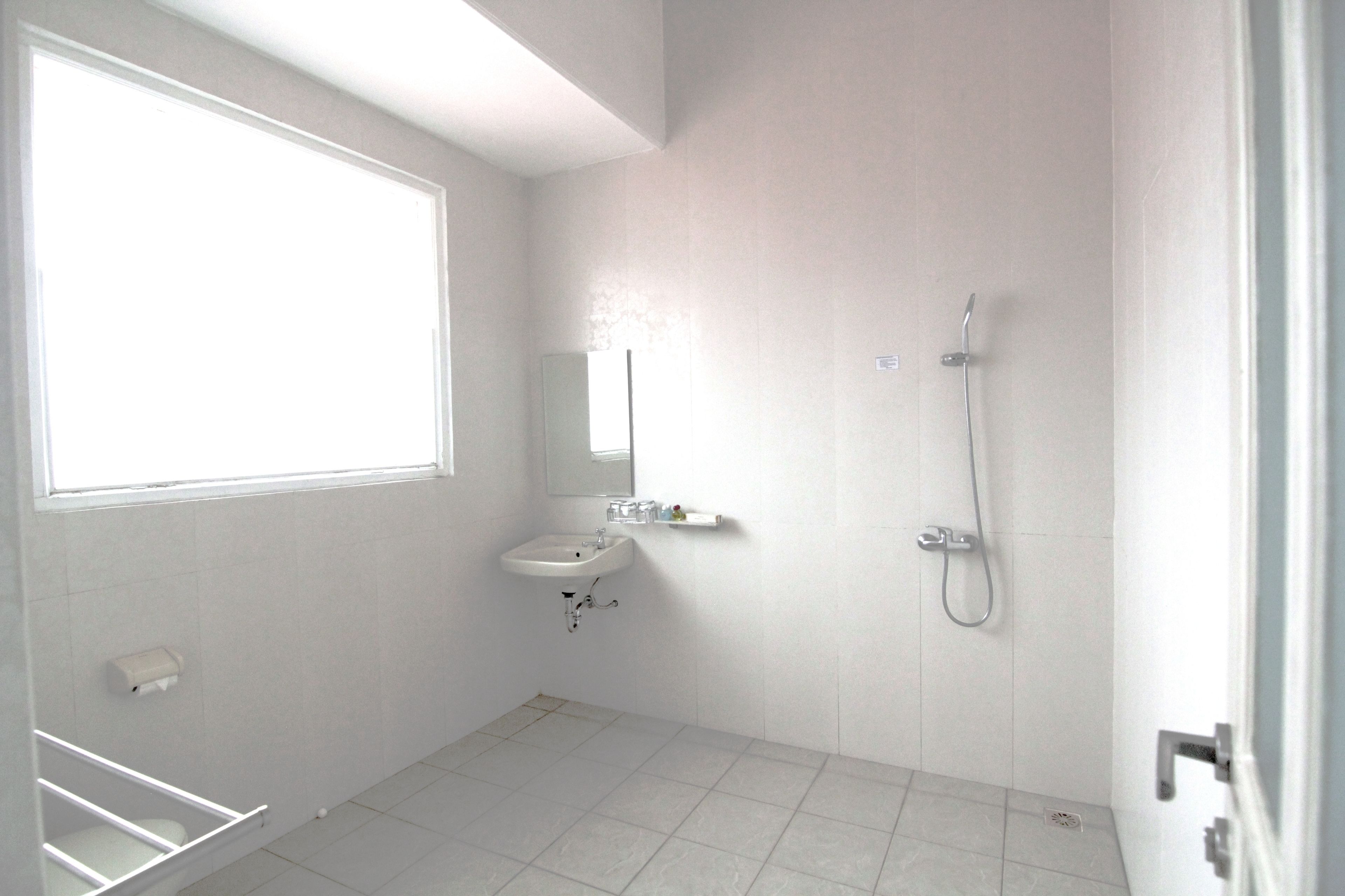 Une petite salle de bain lumineuse, avec une fenêtre, un lavabo et une douche.